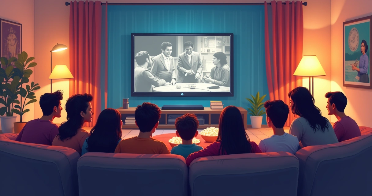 Jovens em sala de estar animados assistindo a um filme antigo em uma TV de tela grande 