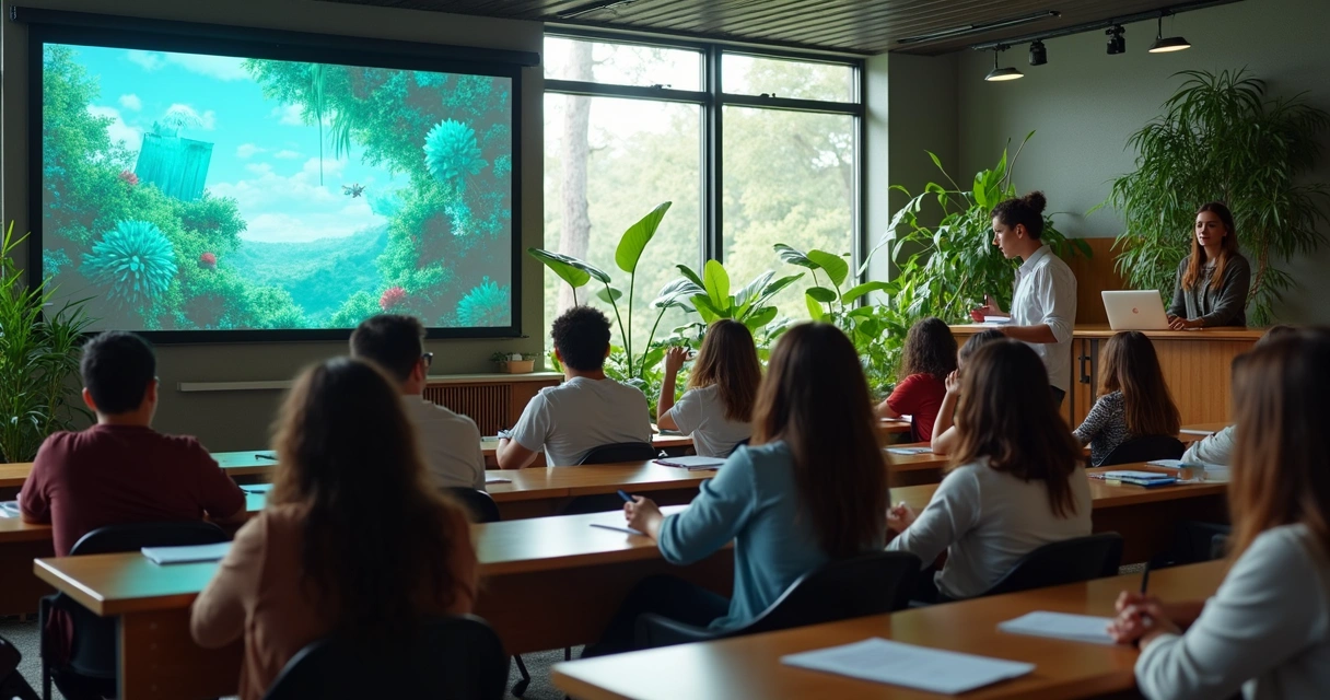 Jovens assistindo aula sobre temas ambientais em auditório latino-americano 
