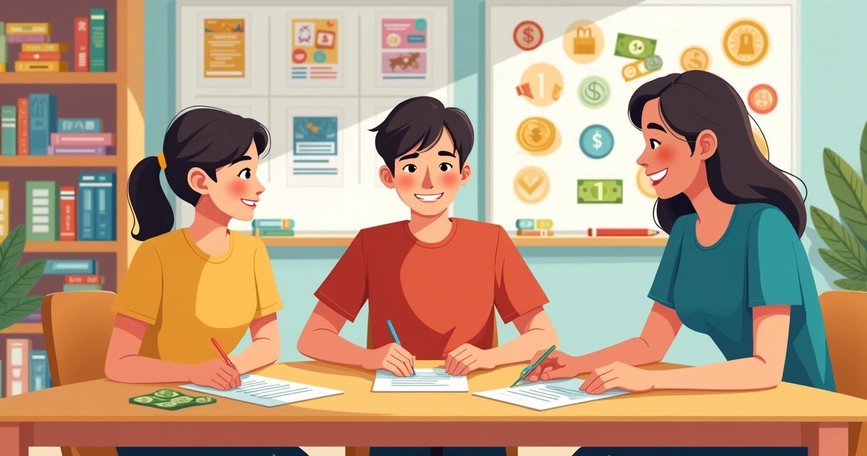 Três jovens sentados em uma mesa colorida aprendendo com dinheiro de brinquedo e cartões visuais 