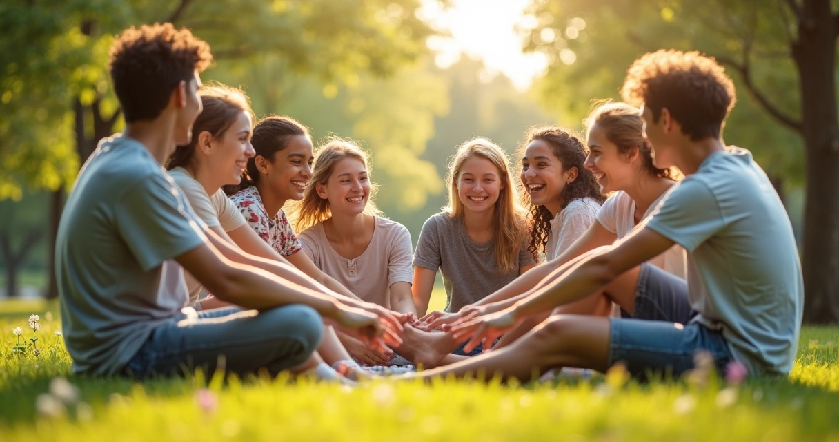 Jovens sorrindo em círculo ao ar livre 