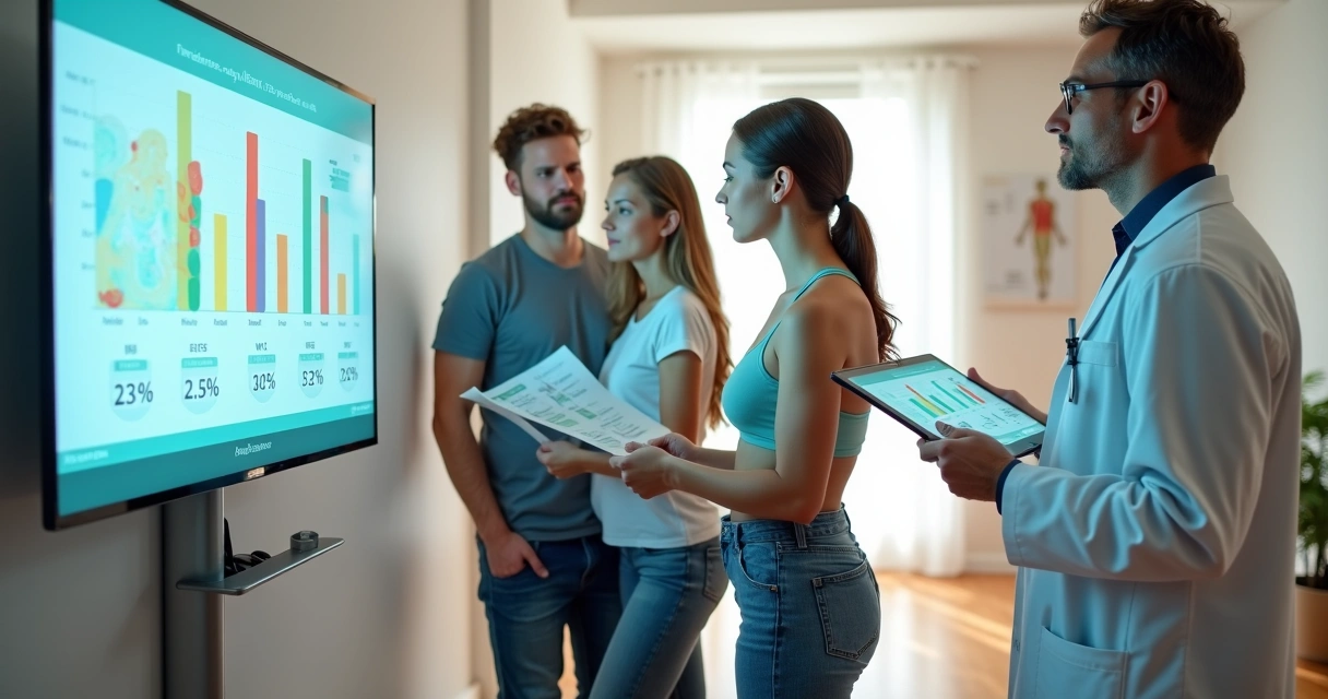 Jovens adultos analisando gráficos de IMC e composição corporal em ambiente clínico moderno 