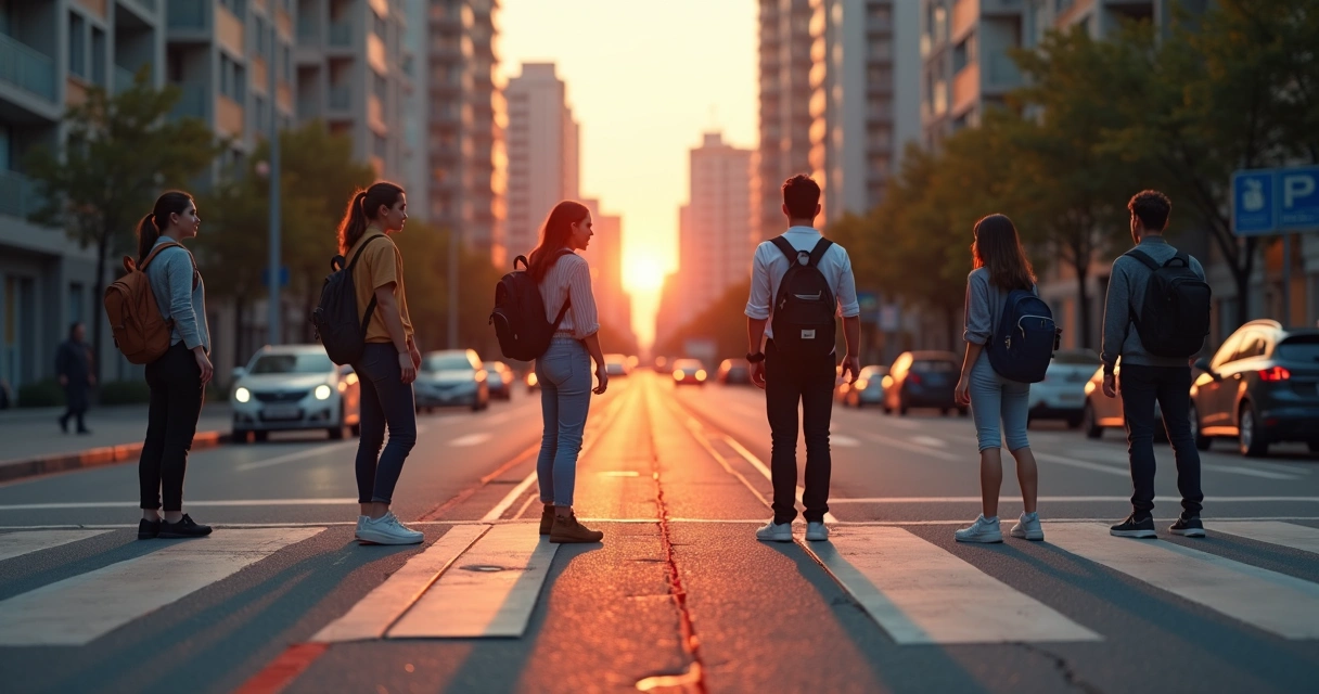 Jovens em cruzamento com linhas vermelhas conectando escolhas amorosas 