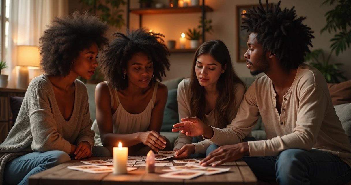Grupo de jovens adultos analisando cartas do baralho cigano 