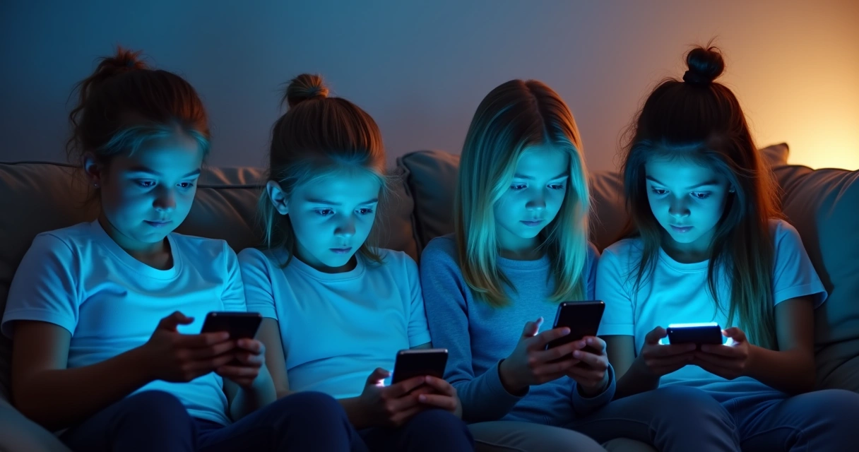 Adolescentes usando celulares lado a lado, com expressões neutras