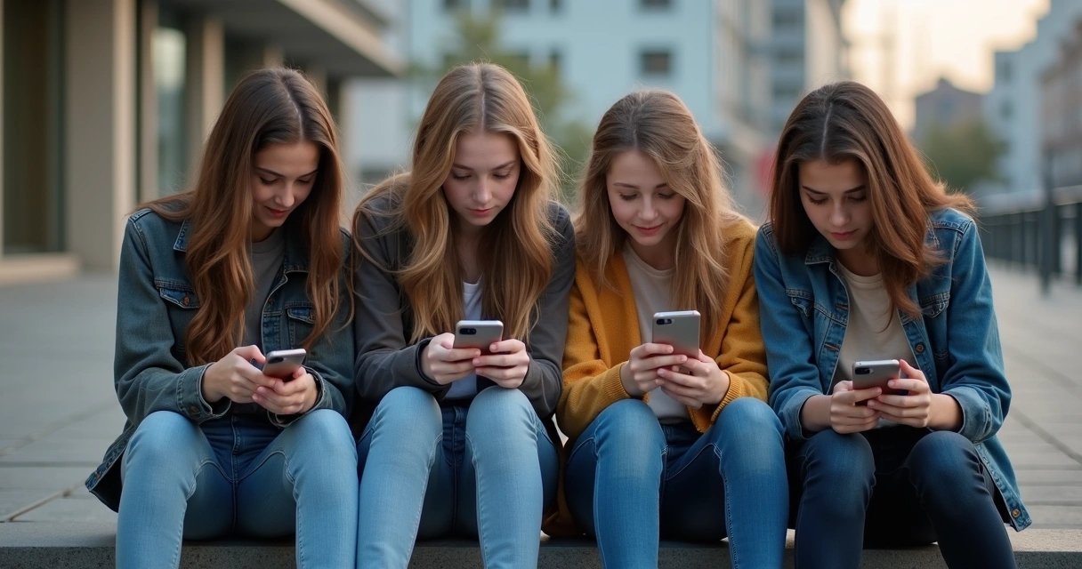 Grupo de adolescentes olhando para celulares com expressões sérias