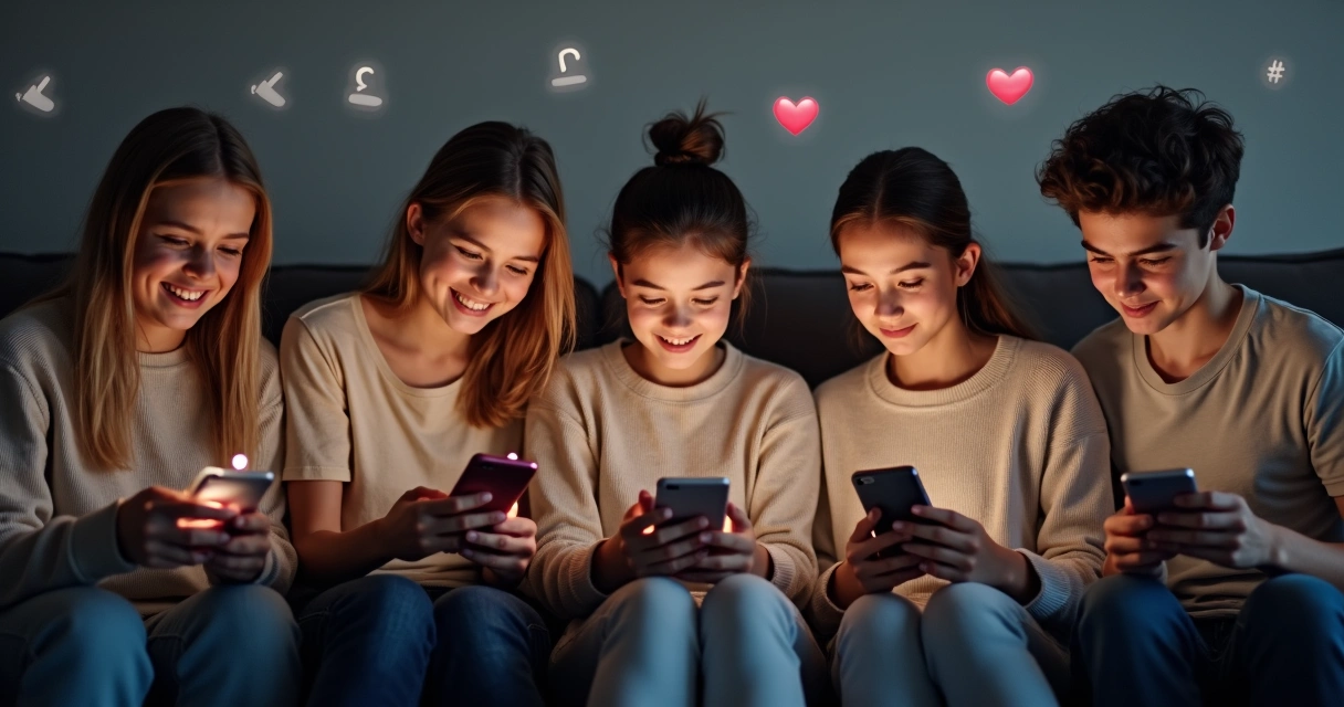 Grupo de jovens com celulares na mão, observando suas telas em silêncio 