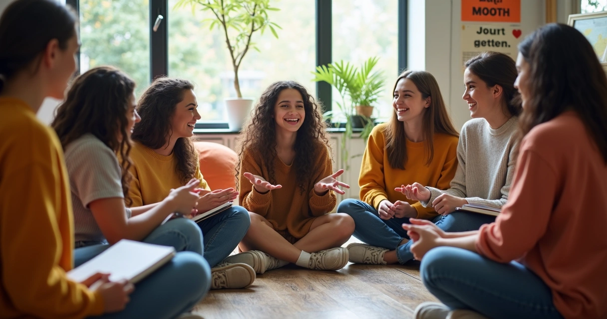 Grupo de jovens sorrindo, sentados em roda, compartilhando suas histórias