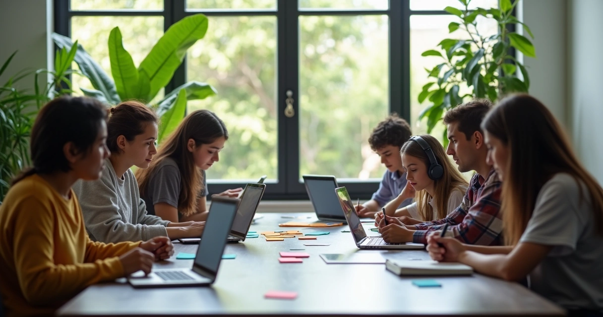 Jovens estudando juntos com computadores em ambiente iluminado por luz natural 