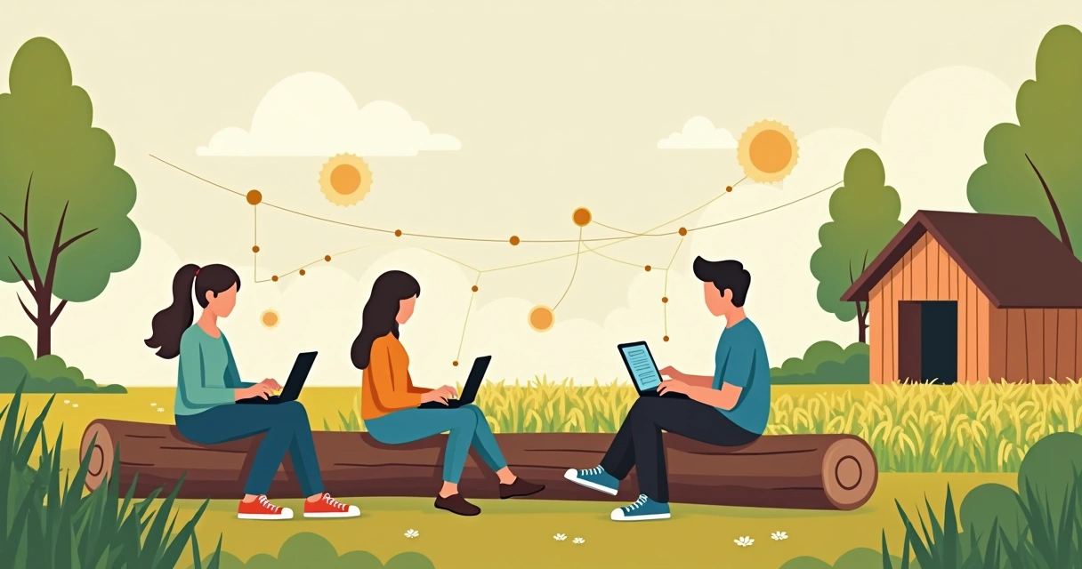 Jovens lideranças rurais usando notebooks em ambiente de campo 