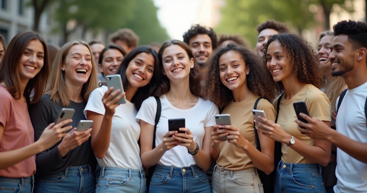 Grupo de jovens faz selfie juntos com vários celulares, expressando conexão digital 