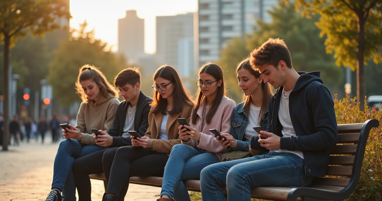 Jovens com celulares sentados em praça urbana 