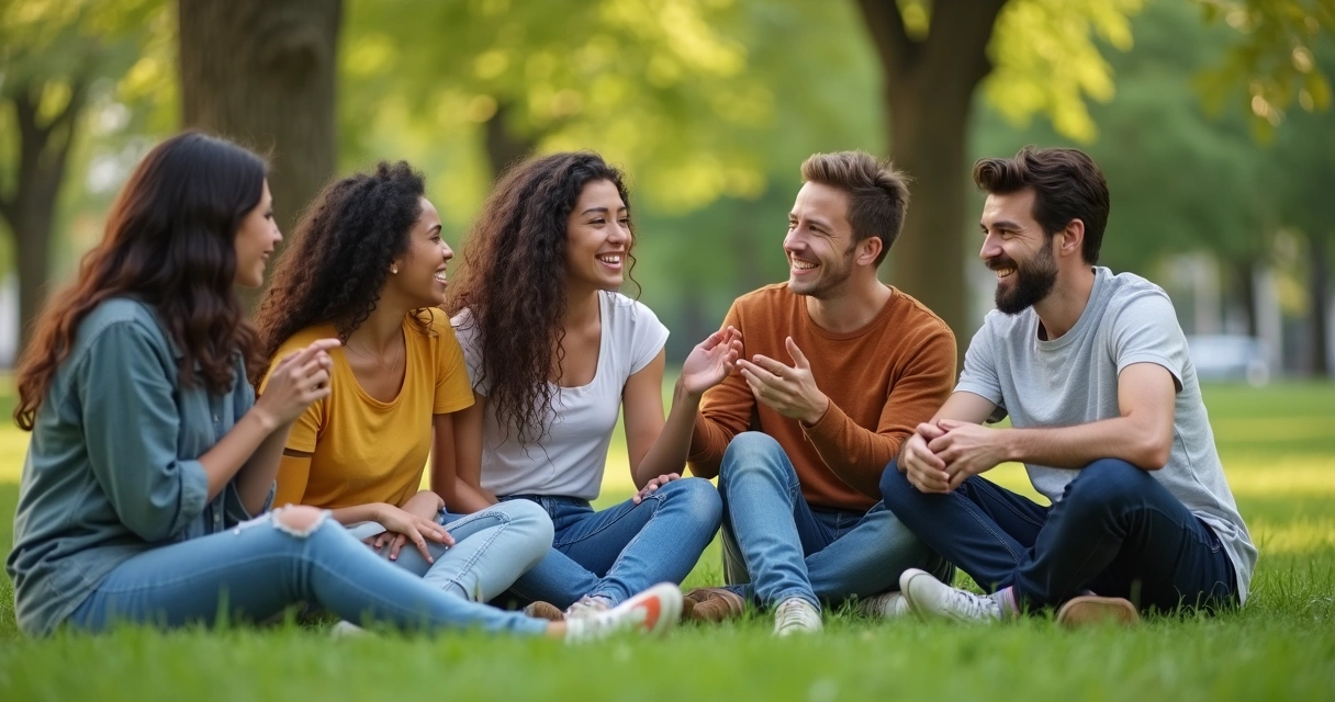 Grupo de jovens conversando sentados em ambiente natural