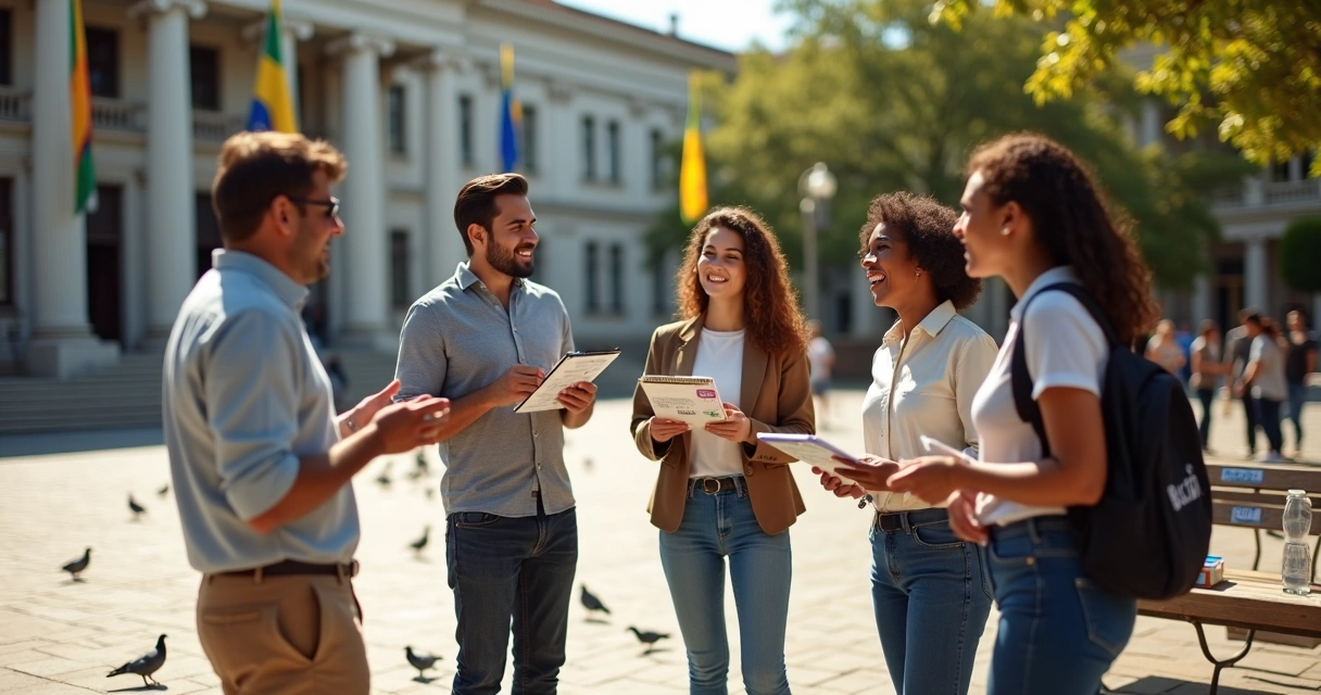 Grupo diverso de jovens conversando sobre política em uma praça com prédio público ao fundo 