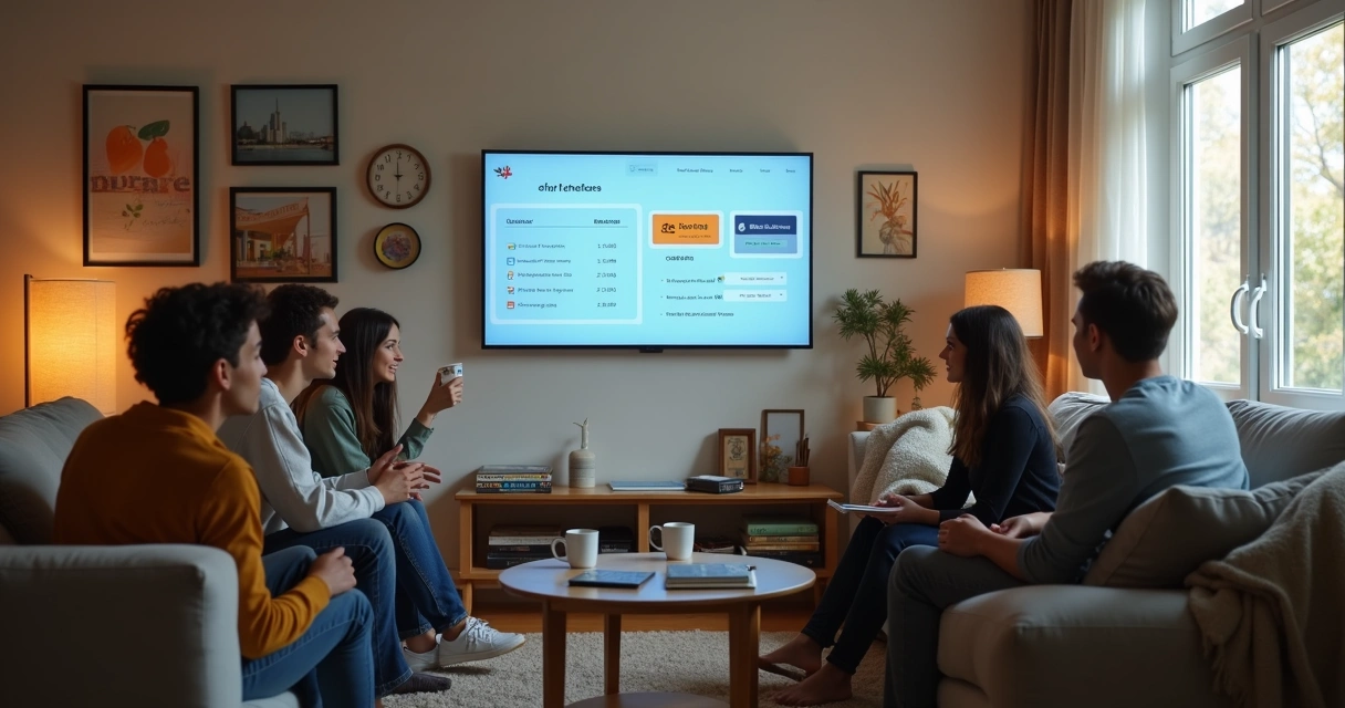 Jovens interagindo em sala de república com painel de contas ao fundo