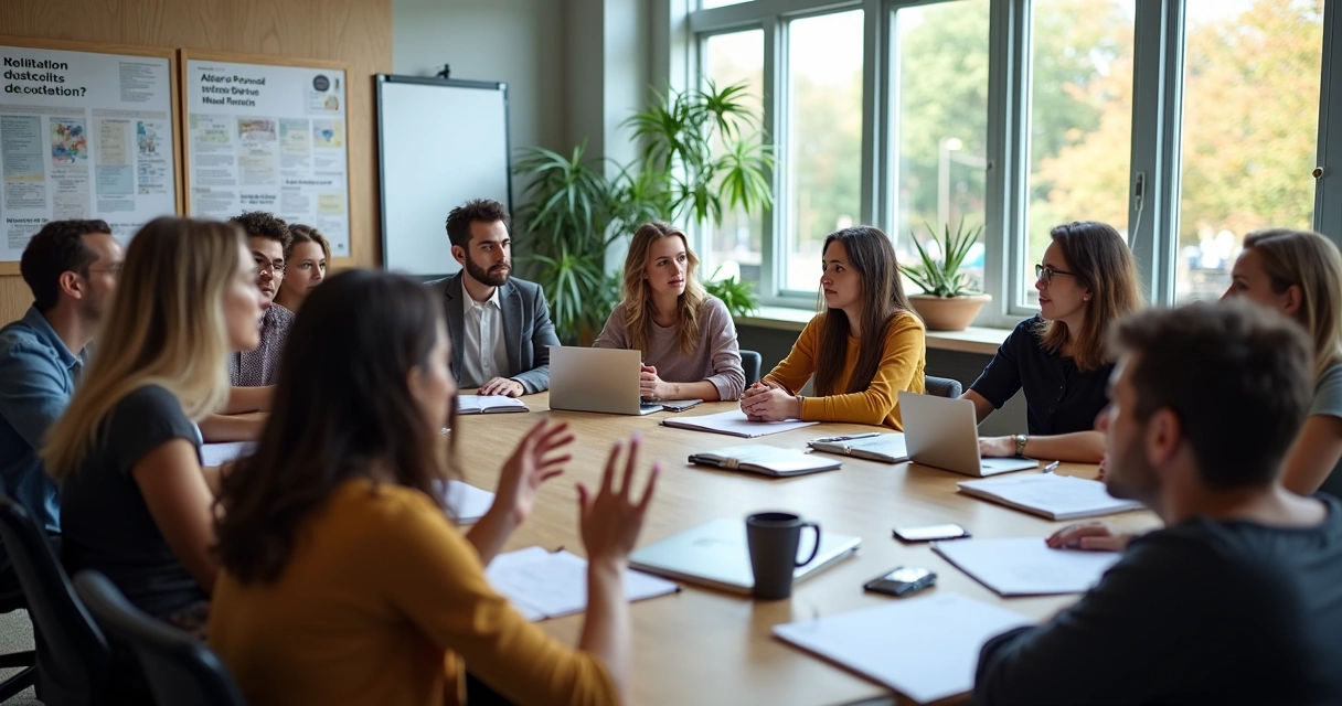 Jovens sentados em círculo durante debate político em sala de reuniões.