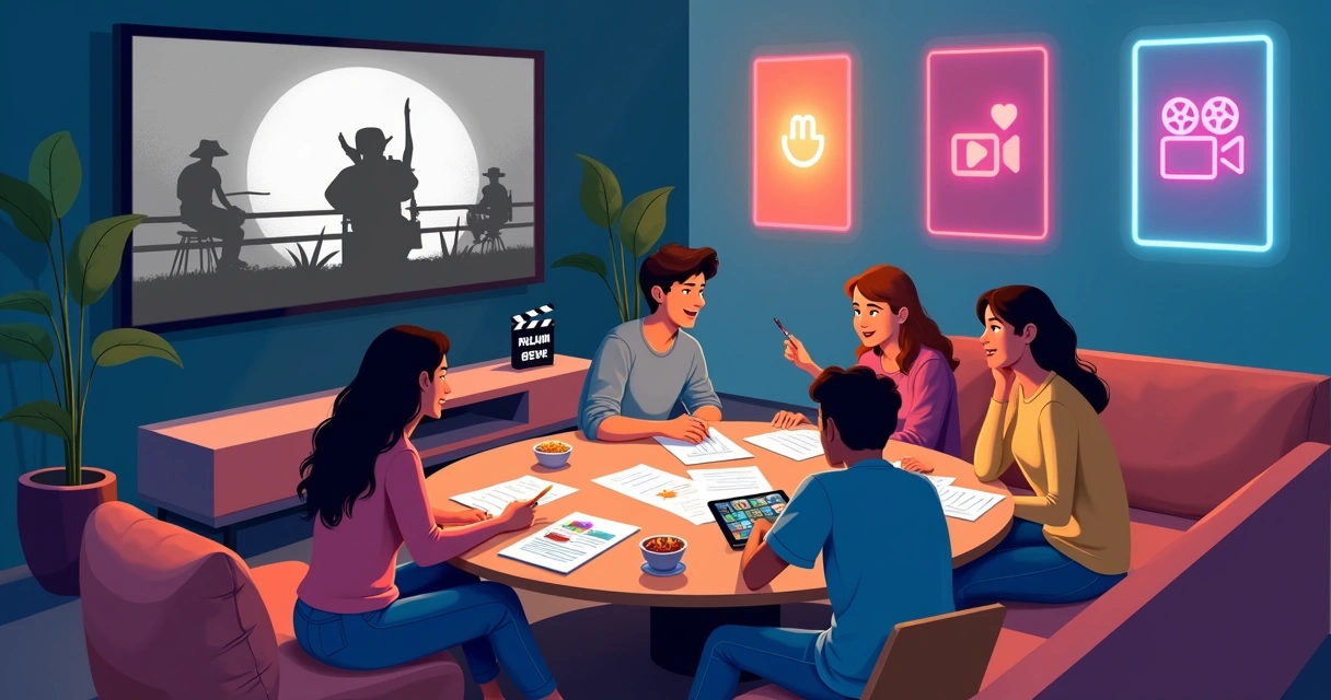 Jovens debatendo filmes antigos em clube de cinema moderno 