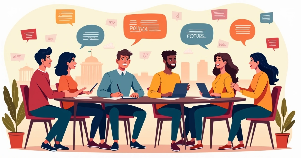 Jovens discutindo política em uma mesa redonda