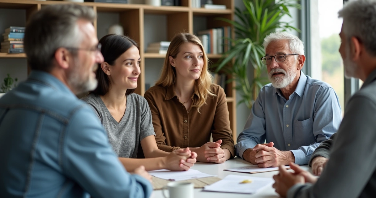 Jovens de diferentes gerações conversando em uma mesa 