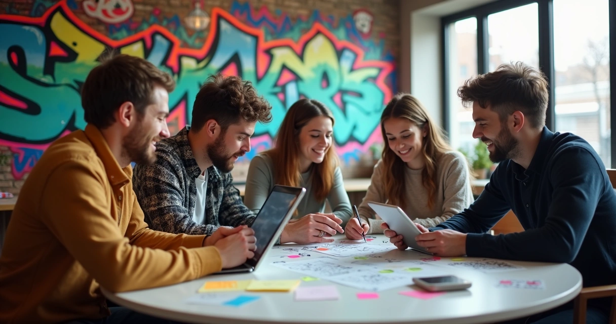 Grupo de jovens discutindo conteúdo digital em mesa moderna 