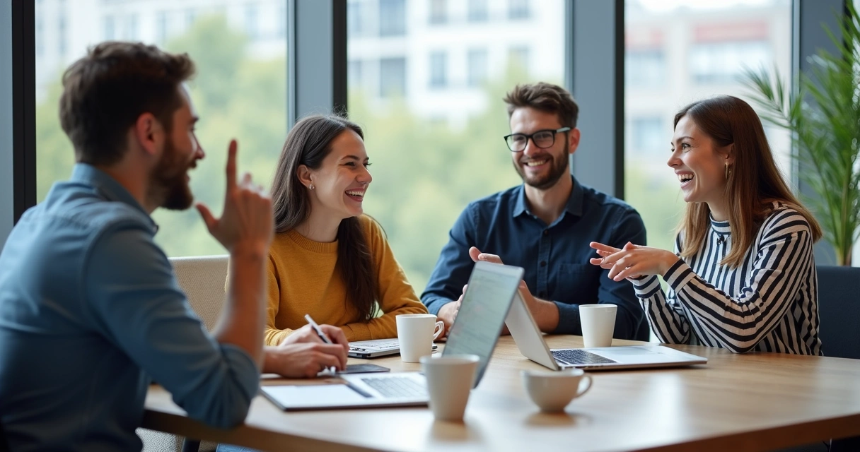 Quatro jovens adultos sentados em uma mesa discutindo sobre carreira e oportunidades 