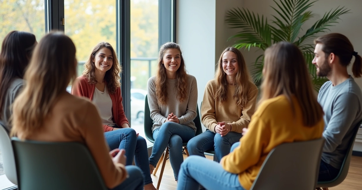 Jovens diversos conversando sentados formando círculo de apoio