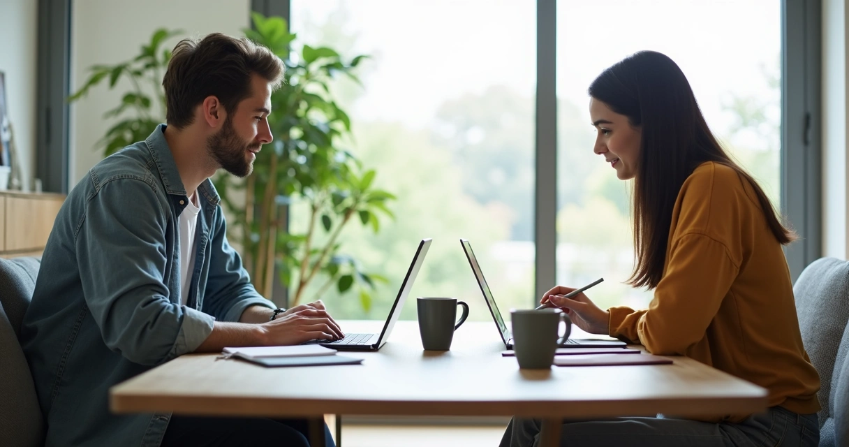 Dois jovens conversando em uma sala, cada um com seu notebook sobre uma mesa de centro 