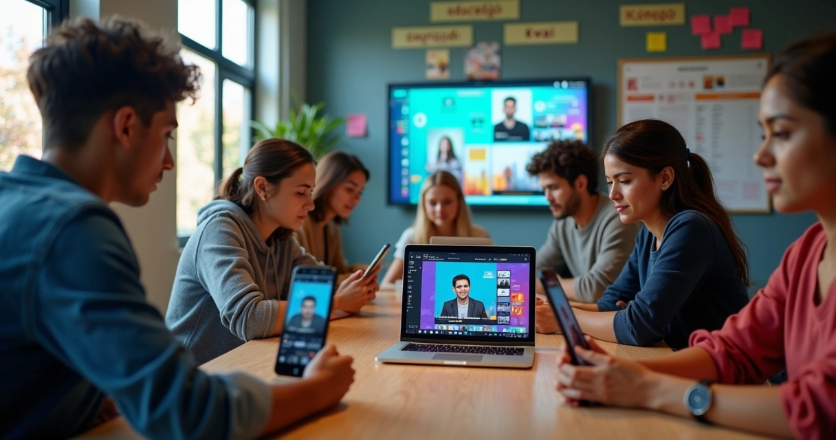Jovens usando celular em campanha política digital 