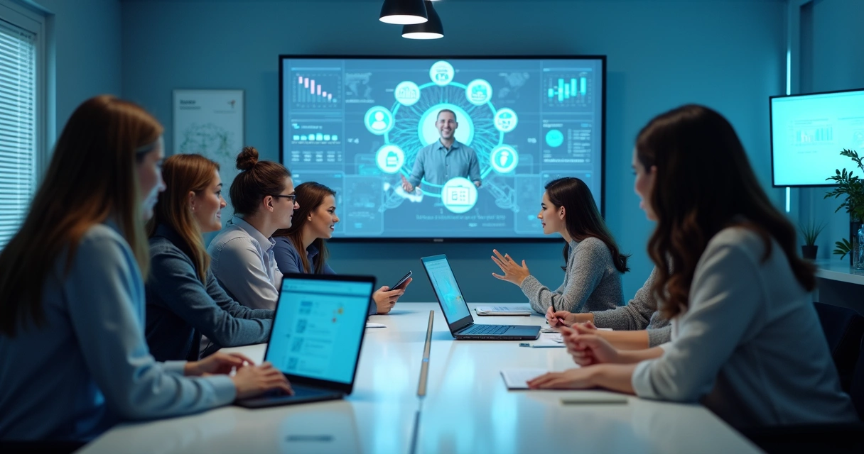 Jovens interagindo com tecnologia no escritório 