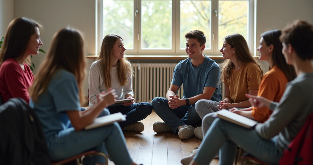 Grupo de jovens conversando em círculo em sala de aula