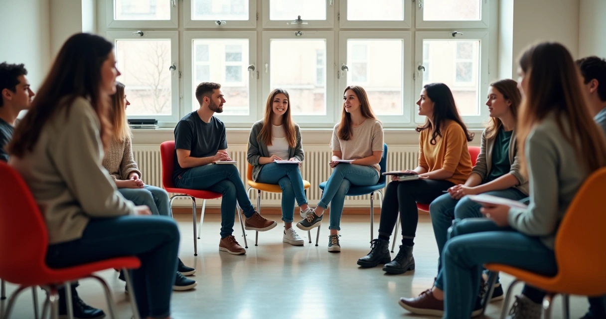 Jovens sentados em roda de conversa em sala de aula