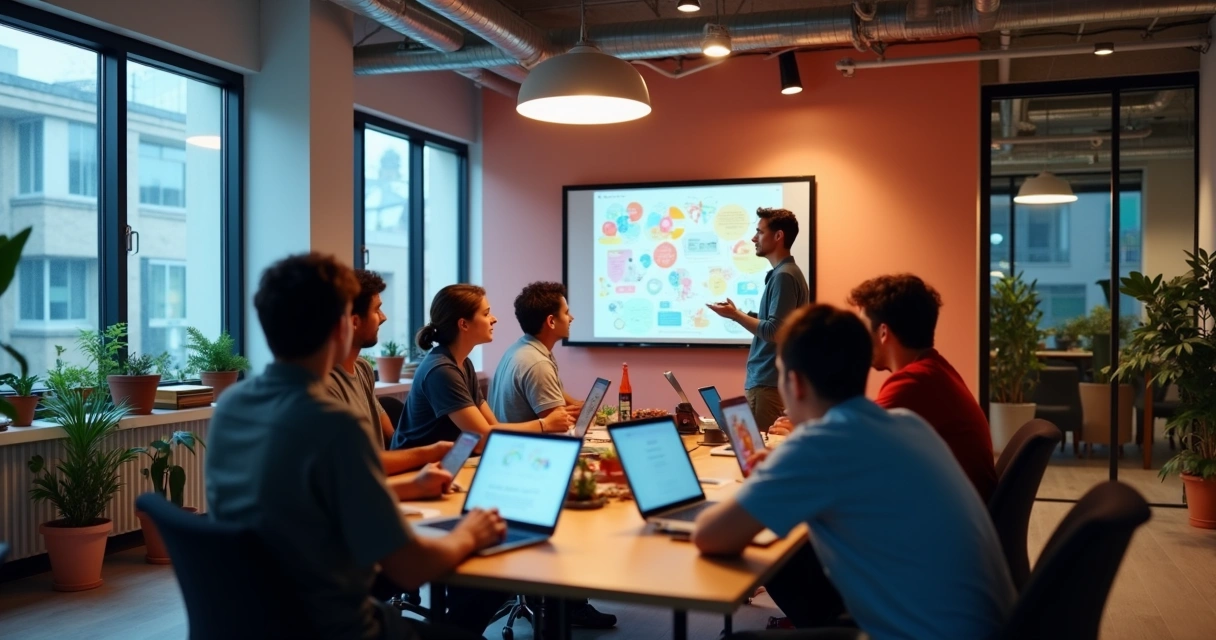 Jovens sentados em volta de uma mesa com notebooks em um espaço moderno de coworking 