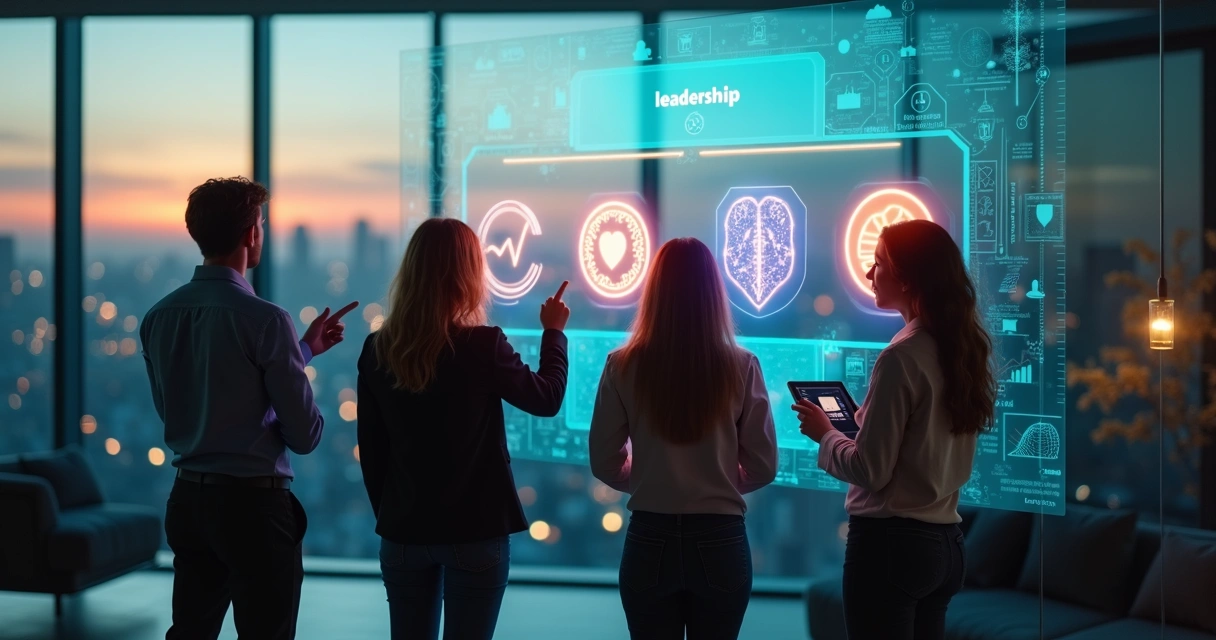 Jovens profissionais observando símbolos de carreira em painel digital moderno 