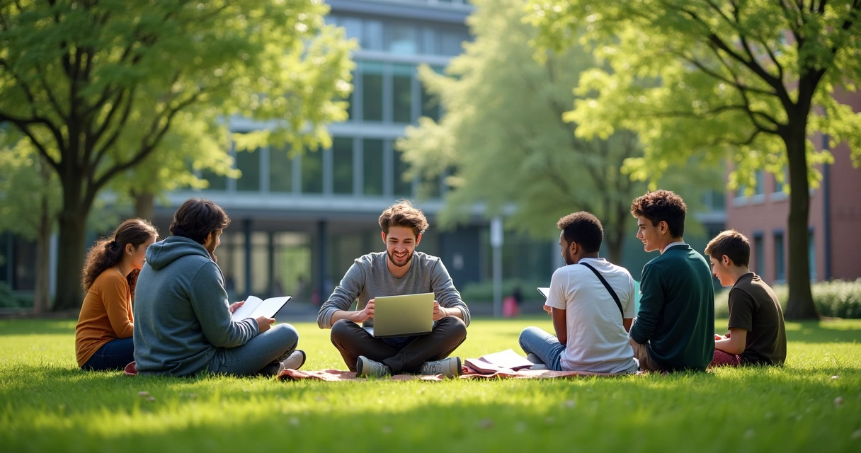 Jovens estudando ao ar livre no campus universitário.