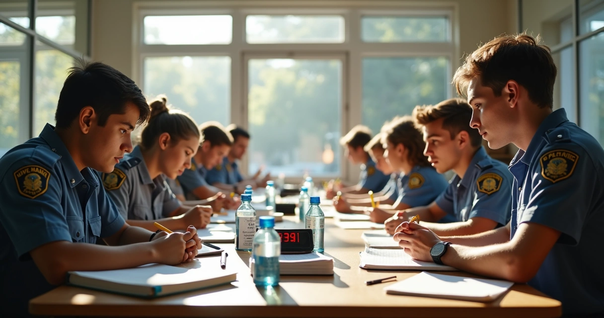 Jovens estudando juntos com livros e material didático policial 