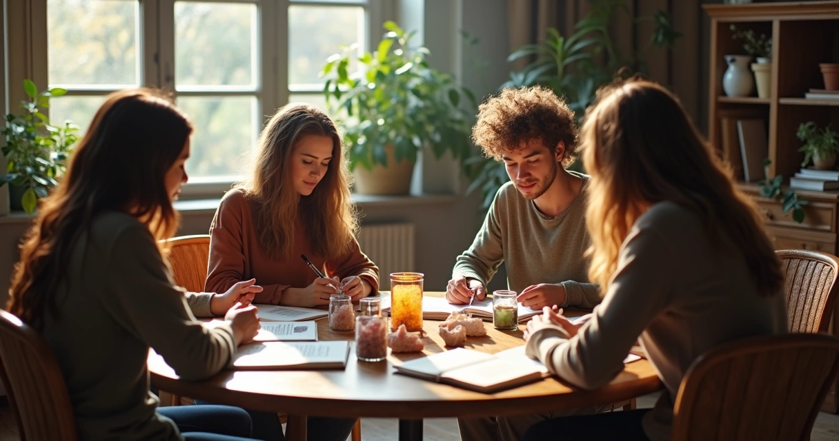 Jovens estudando com cartas de tarot ao lado, clima de concentração e harmonia 