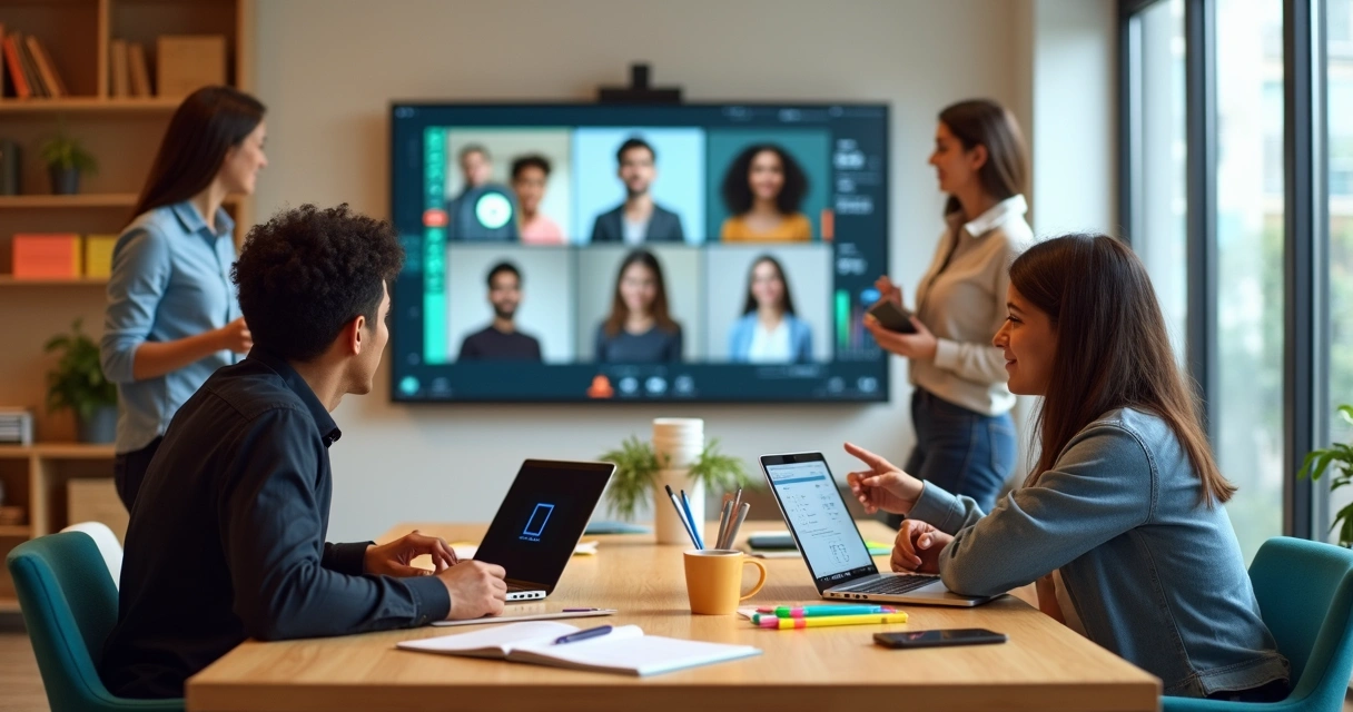 Grupo de estudantes em videoconferência em grande tela em sala de estudos moderna 
