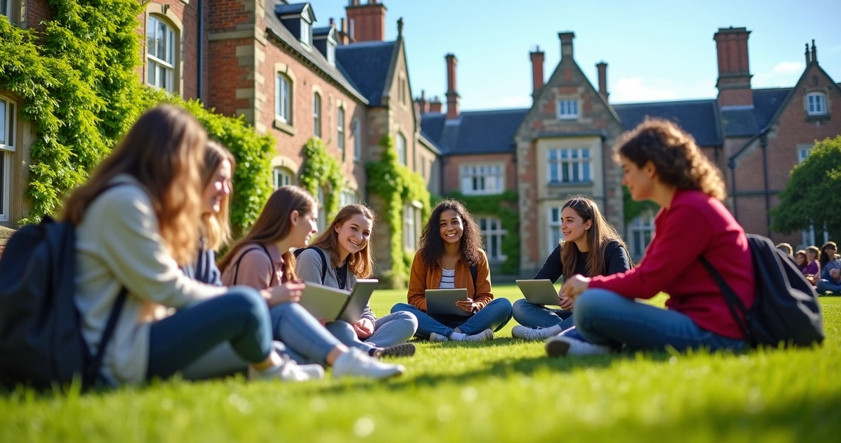 Jovens estudantes internacionais conversando em campus universitário na Irlanda com prédios históricos ao fundo sob céu azul claro 