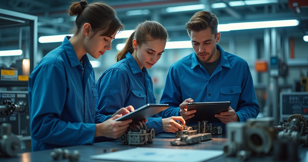 Jovens estudantes de curso técnico em laboratório industrial moderno 