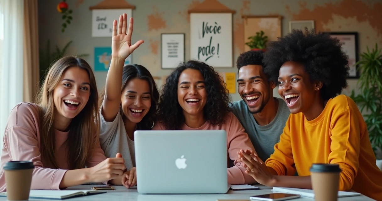 Jovens sorrindo durante reunião de estudo online, vibrando por meta atingida, ambiente alegre 