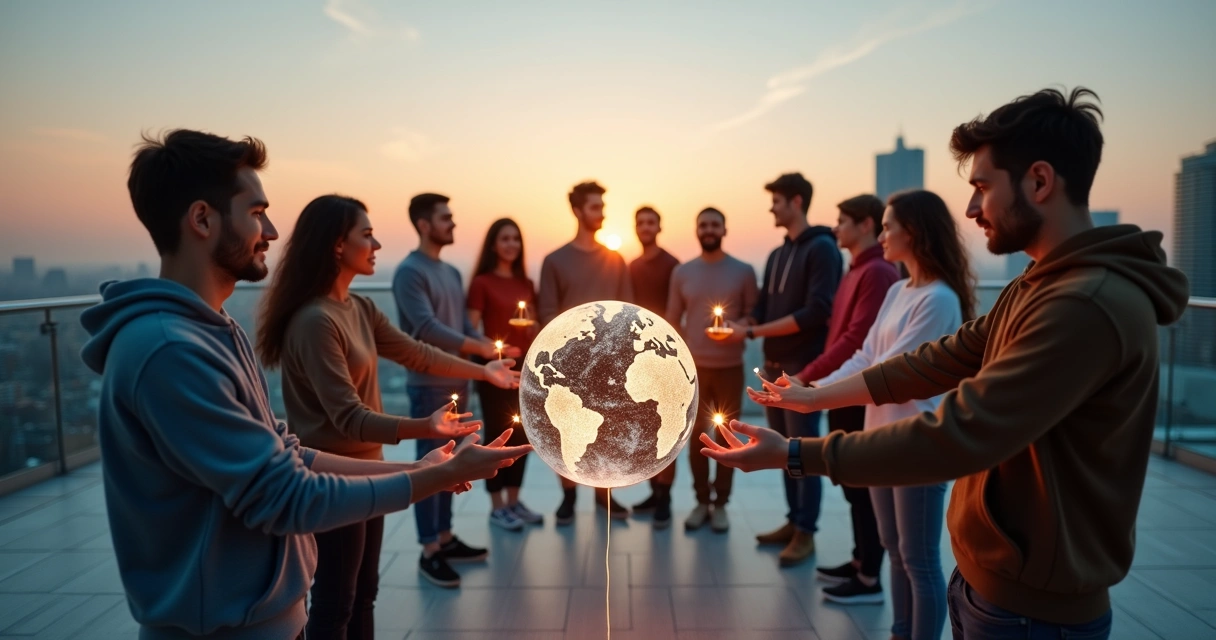 Jovens adultos conectando o mundo com fio luminoso 