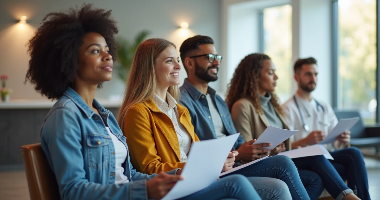 Grupo de jovens em uma clínica aguardando exame 