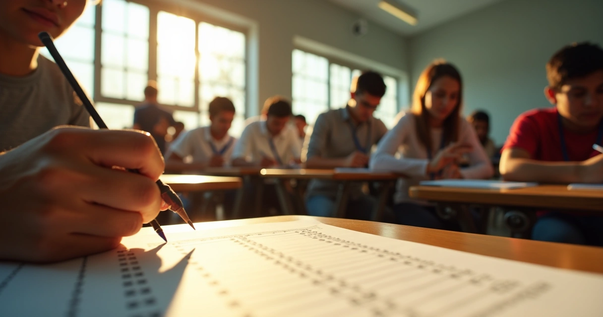Jovens em sala de aula preenchendo folha de respostas do Enem 