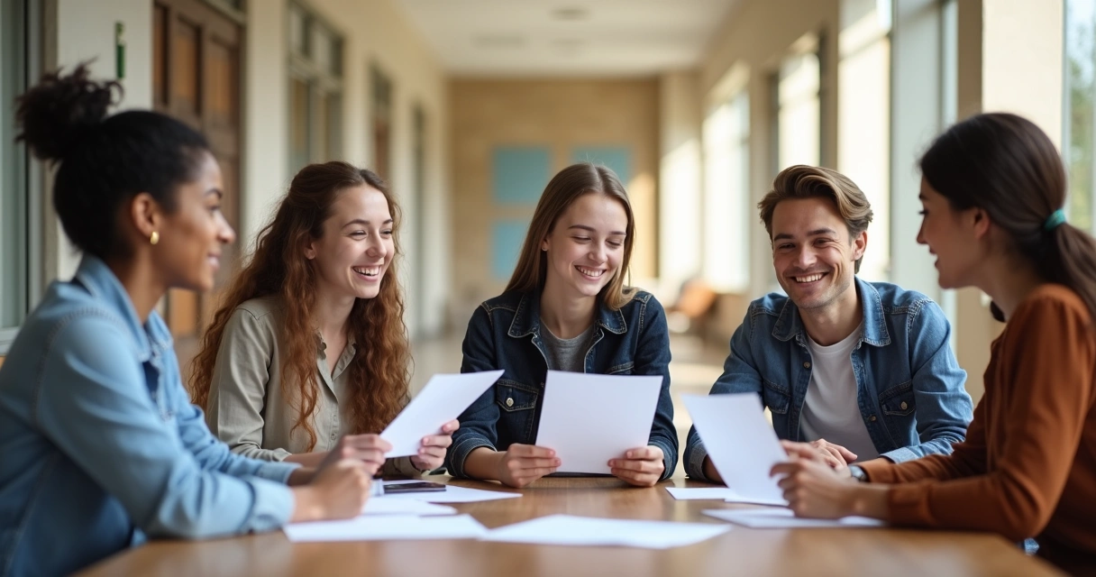 Grupo de jovens estudantes sorrindo com papéis de aprovação de negociação. 