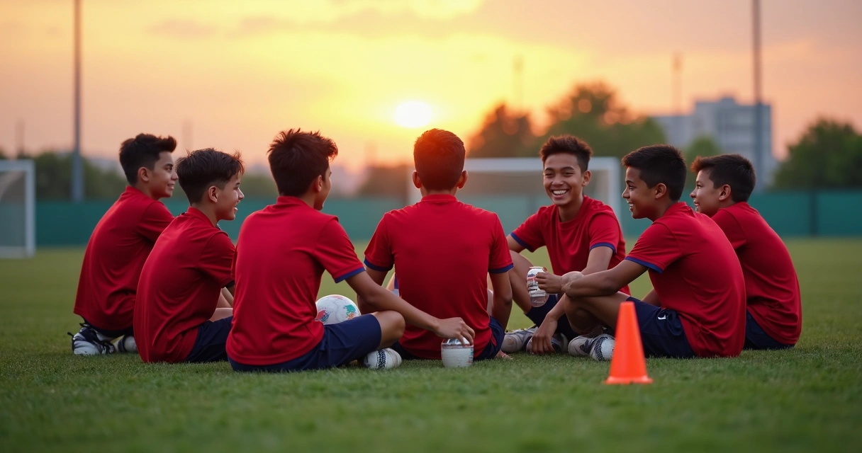 Jovens jogadores de futebol de base sorrindo após o treino 