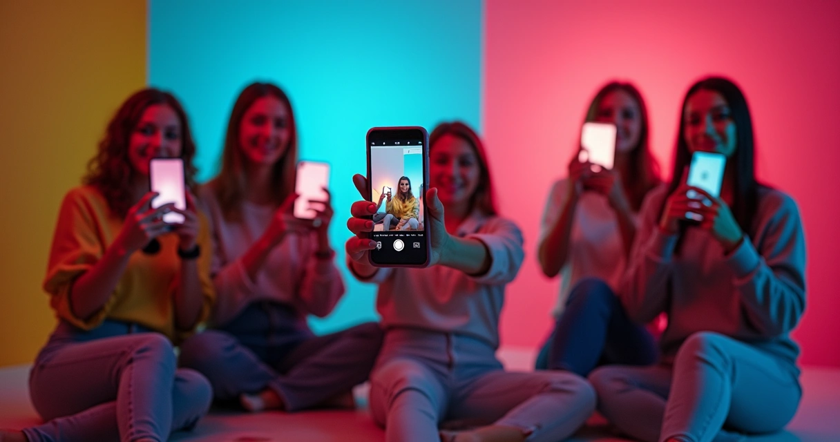 Grupo de jovens gravando vídeos para TikTok em ambiente moderno, com celulares e iluminação. 