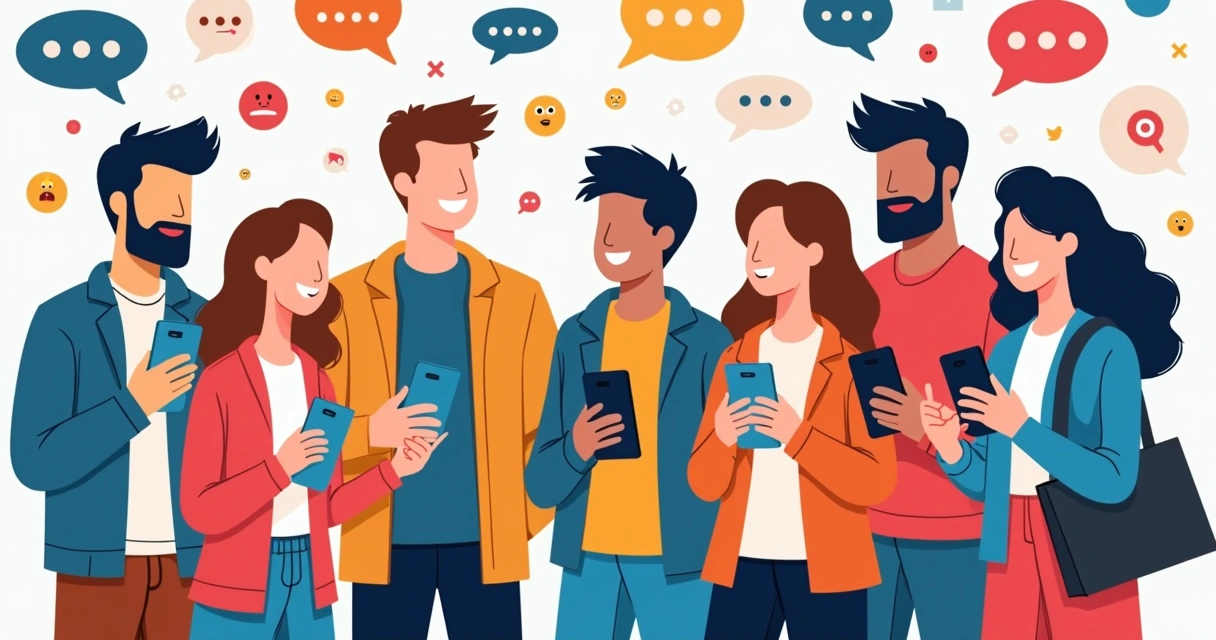 Jovens interagindo com campanha política digital em dispositivos móveis 