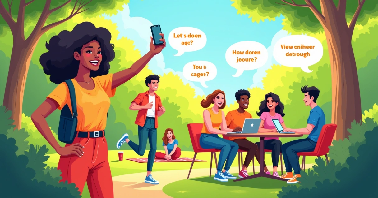 Grupo diverso de jovens adultos interagindo em um parque, refletindo interesses e comportamento online.