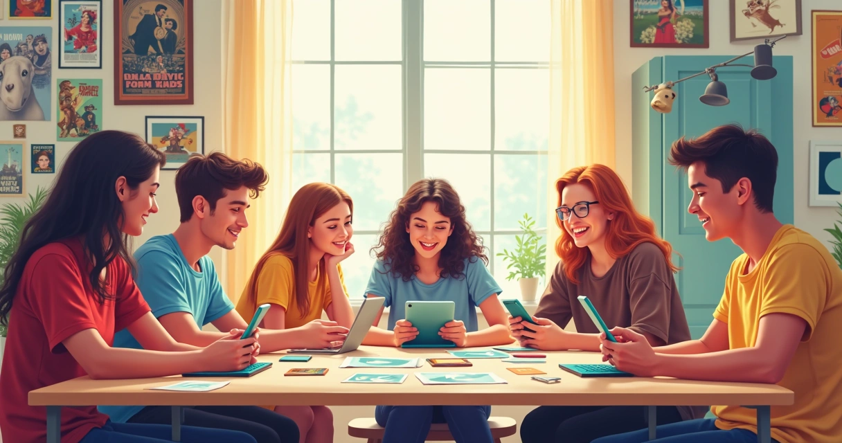 Adolescentes interagindo com conteúdos retrô em diversos aparelhos 