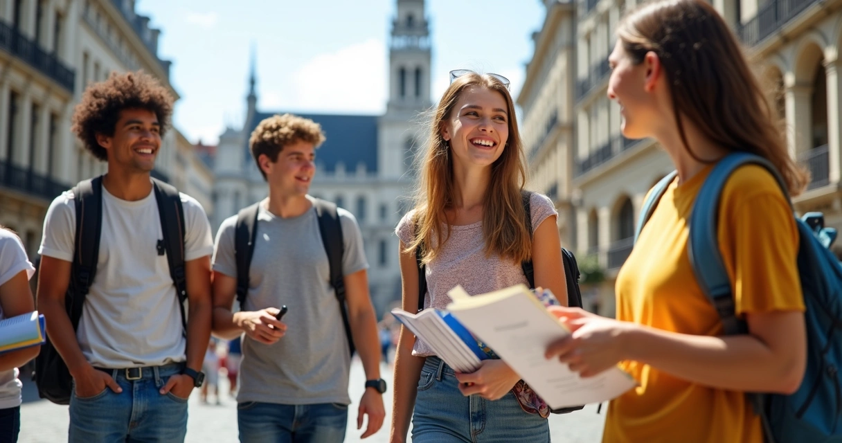 Grupo de jovens em ambiente multicultural urbano em Bruxelas com mochila e livros celebrando aprendizado linguístico 