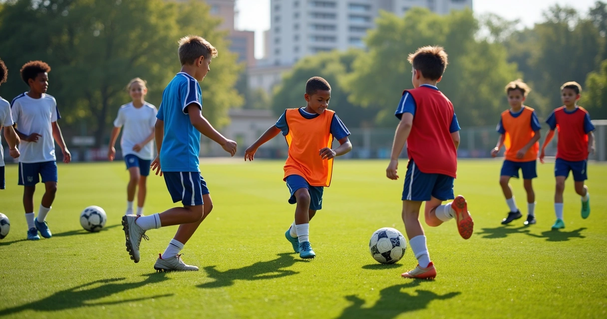 Jovens jogadores treinando futebol em campo, com treinador observando